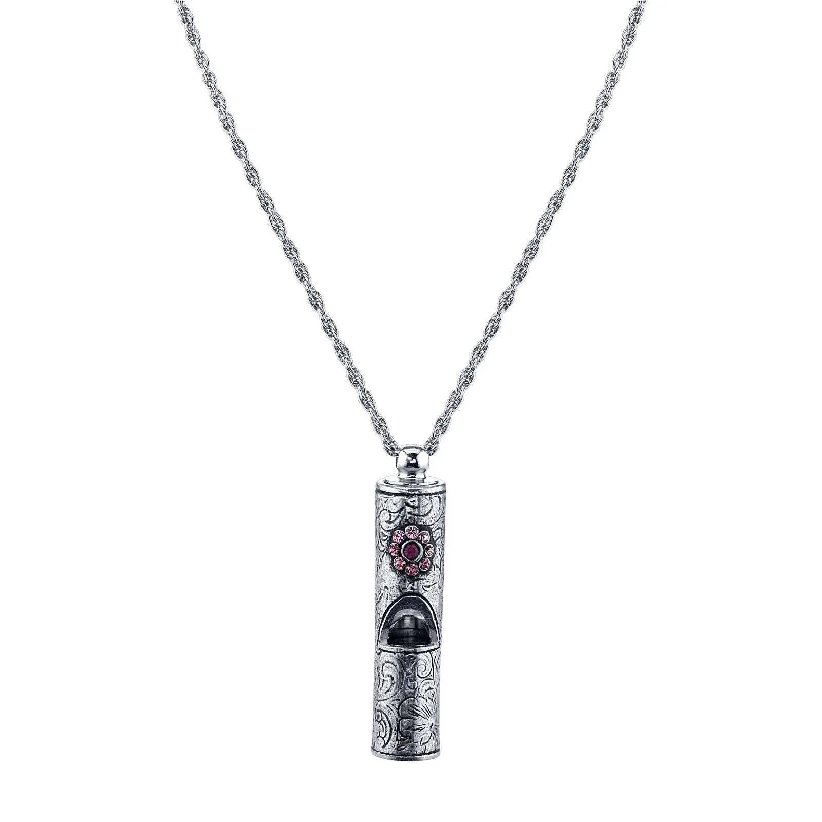 1928 Jewelry Antiqued Pewter Whistle With Flower Necklace 28"