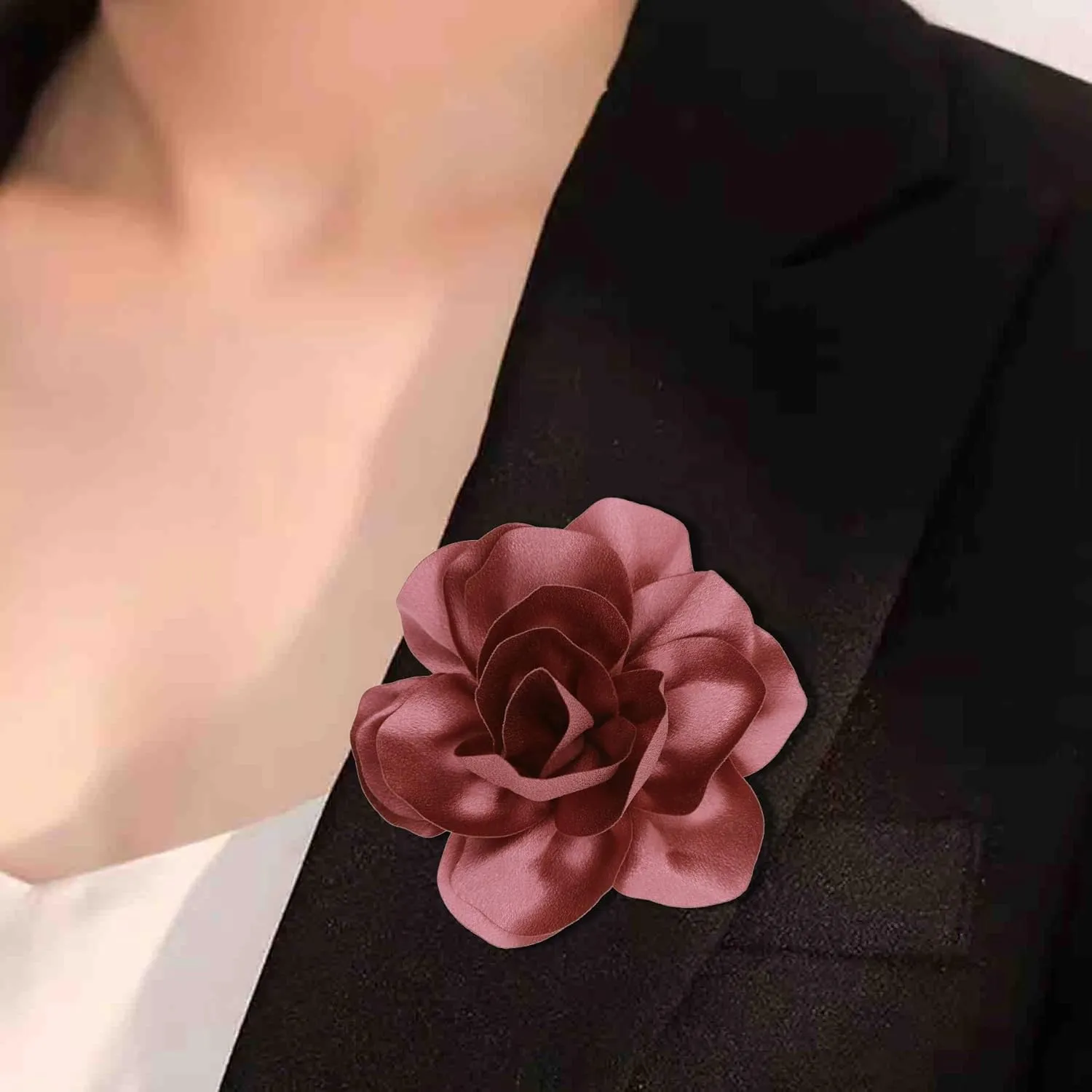 2Pcs 5in Dainty Satin Fabric Flower Brooch Extra Large Rose Camellia Flower Brooches Lapel Pins for Women Wedding Party Dance Banquet Clothes Jewelry Accessories