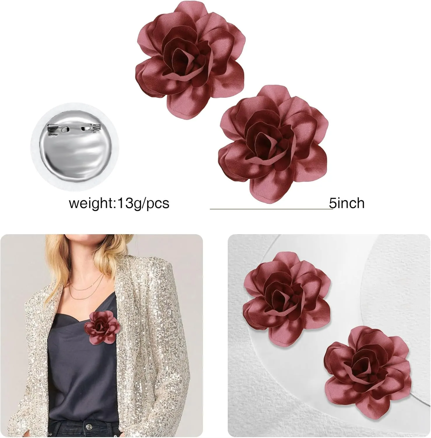2Pcs 5in Dainty Satin Fabric Flower Brooch Extra Large Rose Camellia Flower Brooches Lapel Pins for Women Wedding Party Dance Banquet Clothes Jewelry Accessories