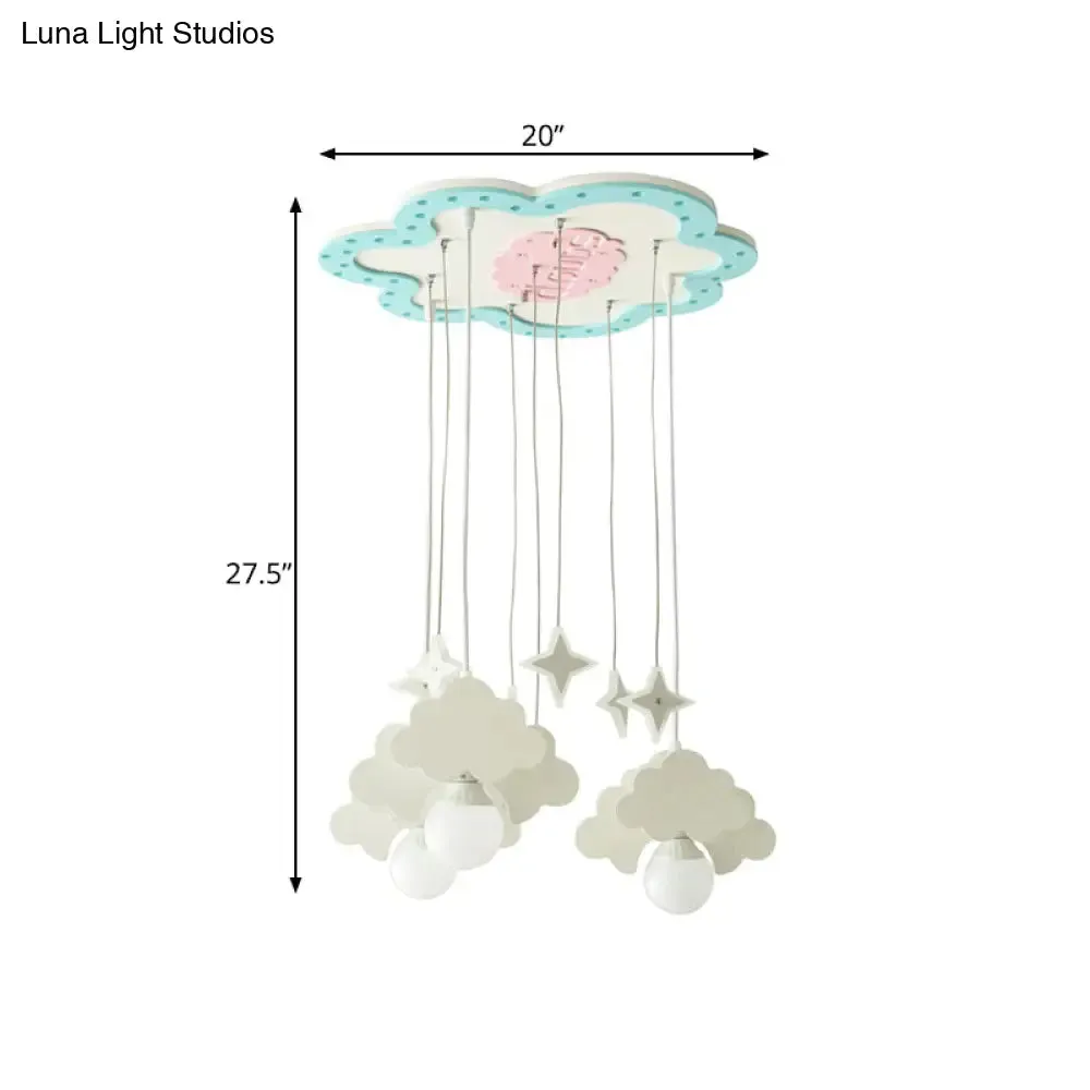 Blue & White Wooden Cloud Pendant Light with 3 Bulbs for Nursery