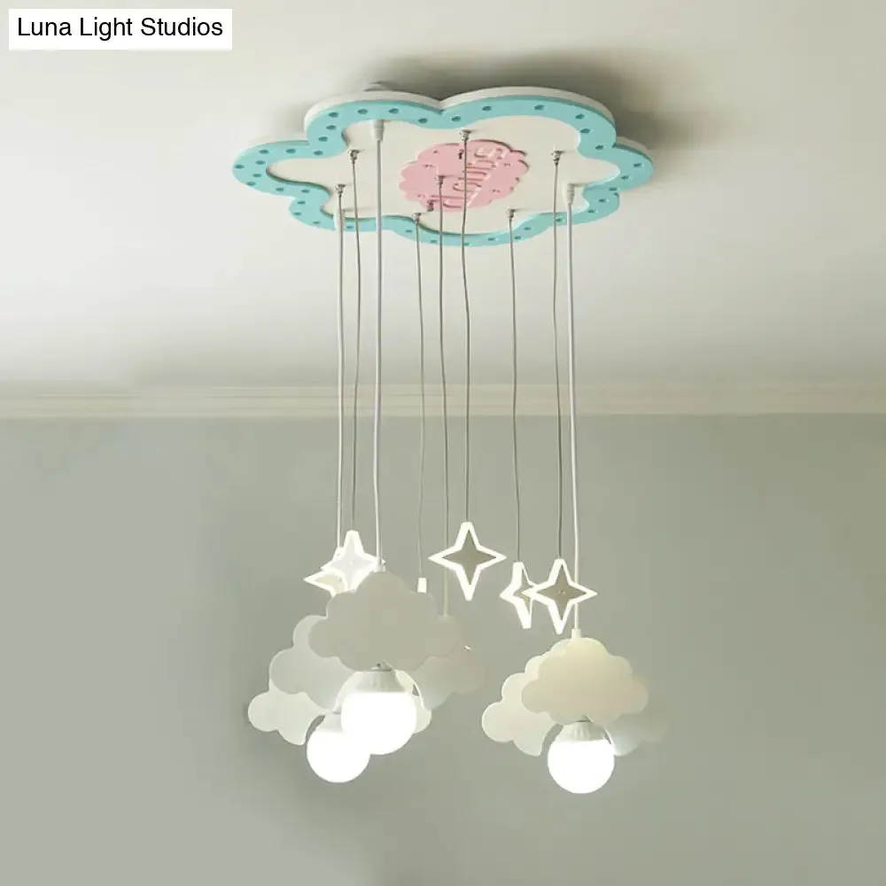 Blue & White Wooden Cloud Pendant Light with 3 Bulbs for Nursery