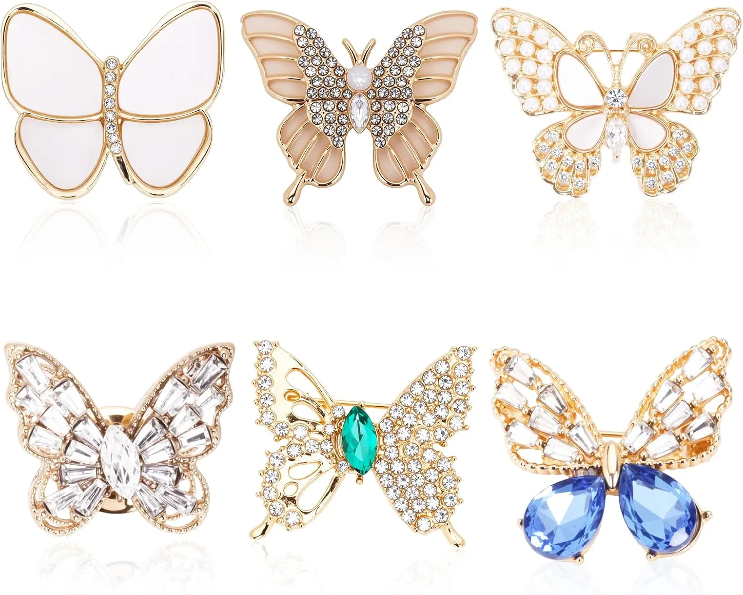 Butterfly Pins, 6 Pcs Butterfly Brooches for Women, Gold Brooches Simulated Rhinestone Pearl Brooch Pins for Wedding Bridal Dress Corsage Bouquet Coats Jackets Sweaters