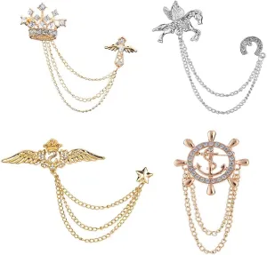 Chamvino 4PCS British style crown brooch Men's suit chain pins Retro badge corsages Punk tassel chain Ladies corsage accessories Sophisticated Suit Badge