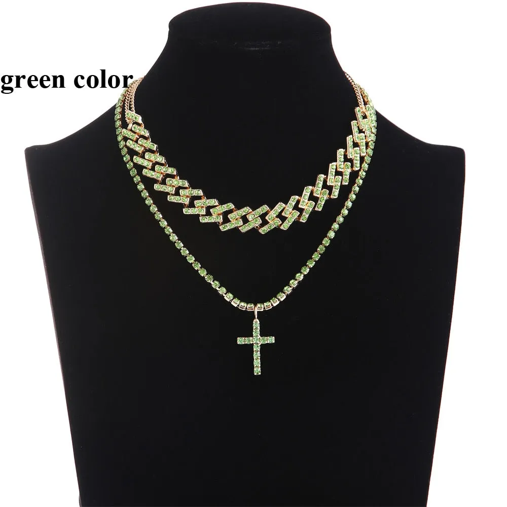 Cuban Link Chain Necklace Set Cross Pendant Jewelry for Women Rhinestone Choker Luxury  Jewellery