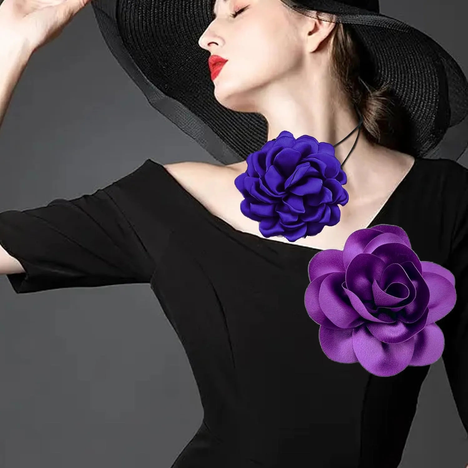 Dainty Satin Rose Flower Brooches Flower Choker Necklace for Women Camellia Floral Brooches Lapel Pins Big Floral Chokers for Wedding Dance Dress Clothes Accessories