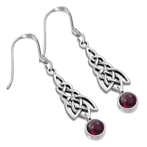 Dangle Garnet Stone Celtic Knot Silver Earrings