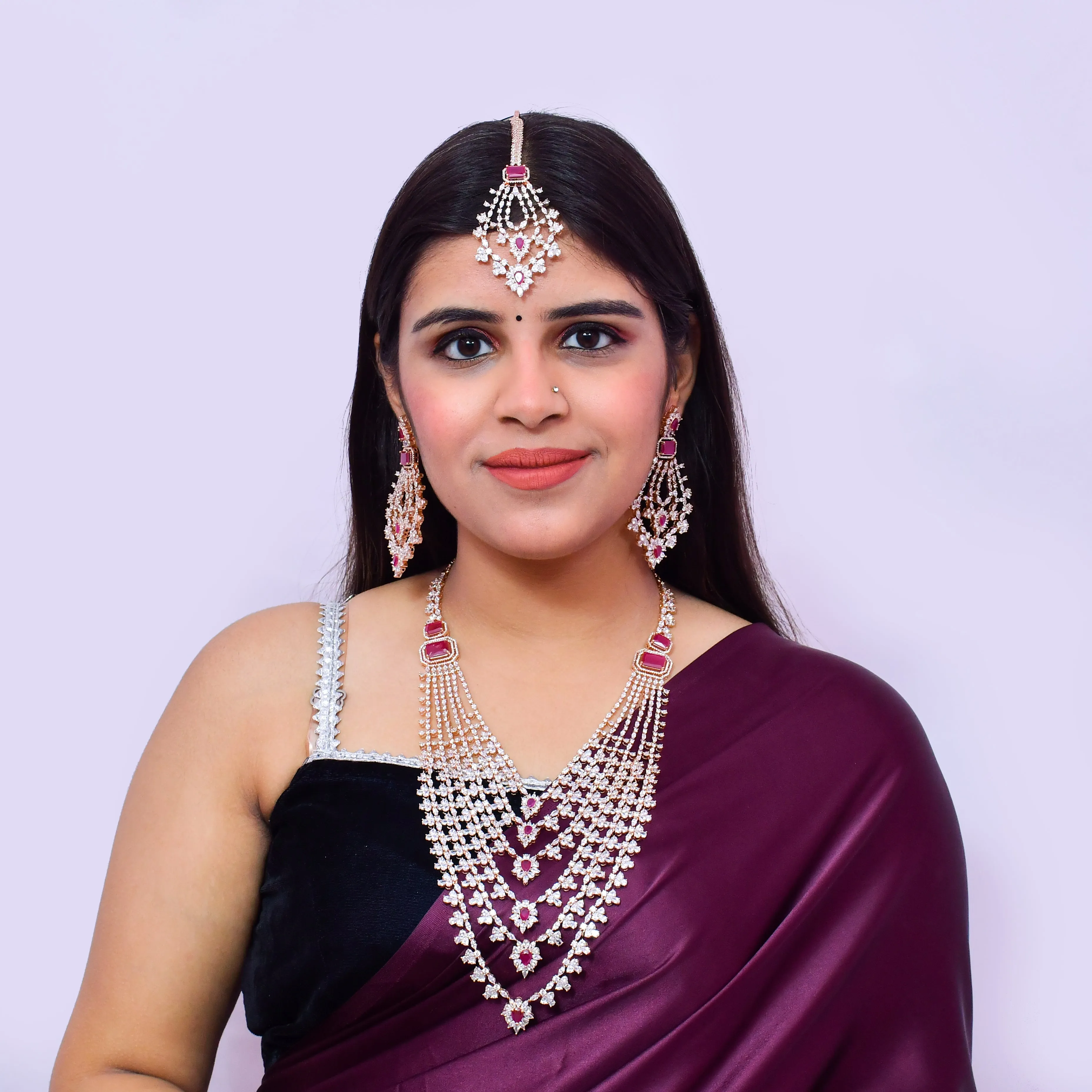 Designer Semi-Precious American Diamond Ruby Long Necklace with Earrings (D609)