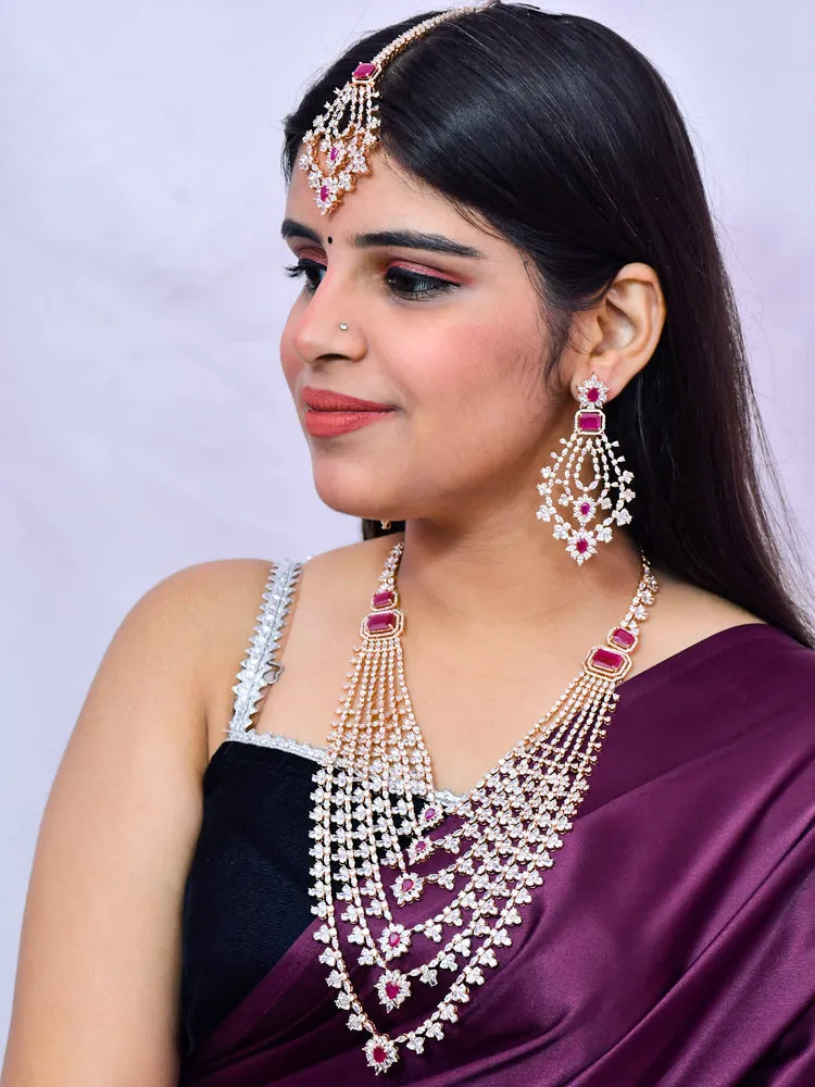 Designer Semi-Precious American Diamond Ruby Long Necklace with Earrings (D609)