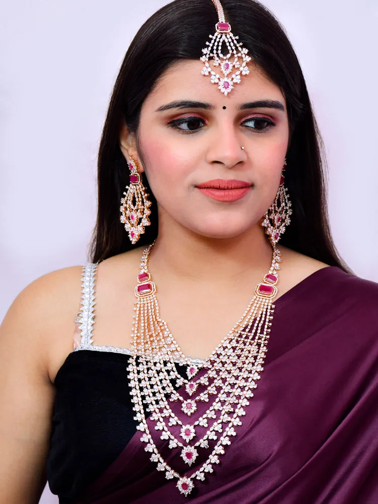 Designer Semi-Precious American Diamond Ruby Long Necklace with Earrings (D609)