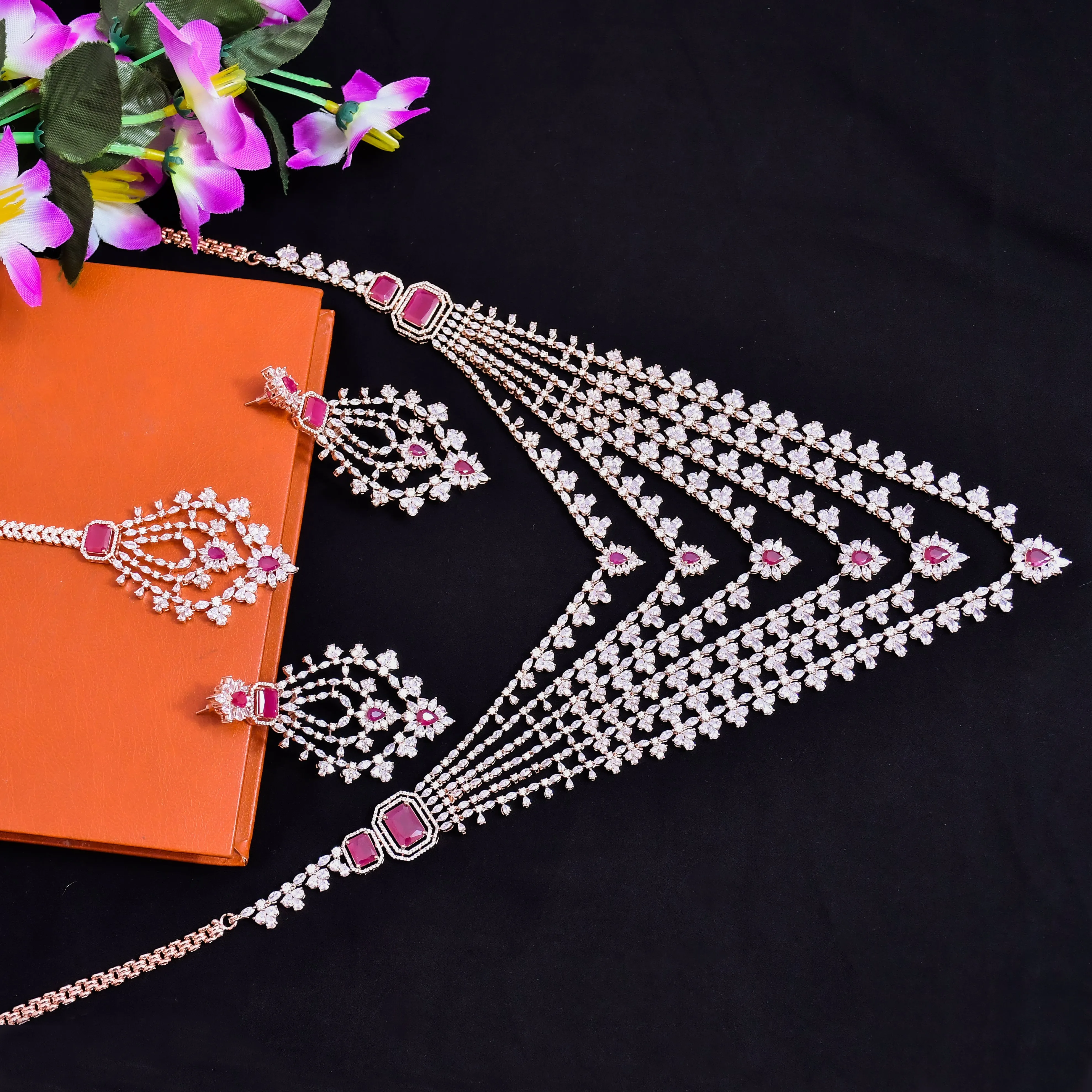 Designer Semi-Precious American Diamond Ruby Long Necklace with Earrings (D609)