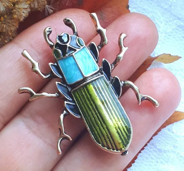 Enamel Green Beetle Brooch