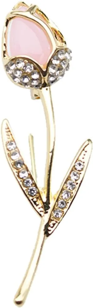 Gold Cat's Eyes Stone Tulip Flower Crystal Brooches Pins Fashion Beautiful Created Rhinestone Pearl Floral Brooch Good Idea for Party Dance Wedding Banquet for Elegant Women Girl (Pink)