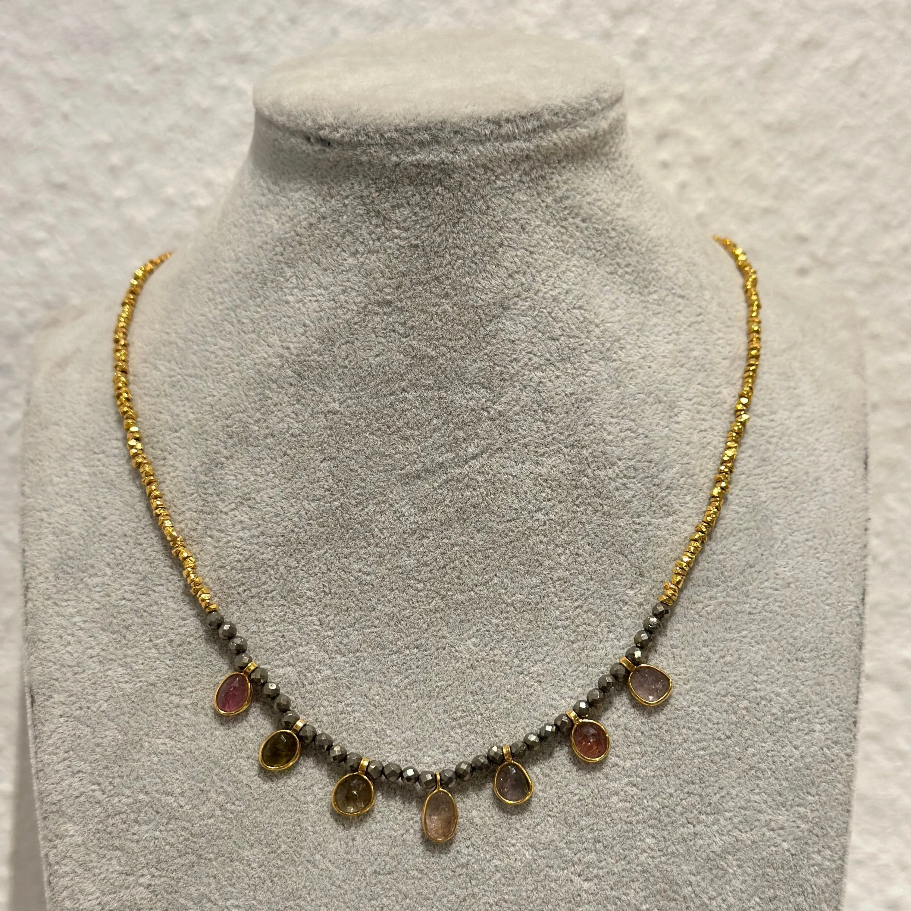 Gold Plated Silver Bead Necklace with Pyrite and Tourmaline Drops