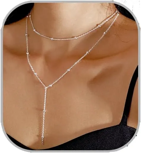 Lariat Necklace for Women Dainty 14K Gold/Silver Plated Long Necklaces Trendy Y-Shaped Pendant Necklace Layered Beaded Chain Necklaces Prom Necklace Jewelry