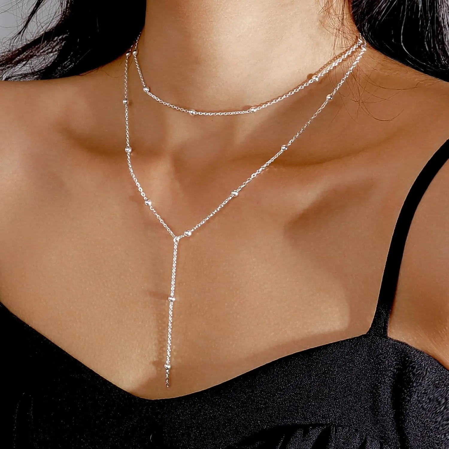 Lariat Necklace for Women Dainty 14K Gold/Silver Plated Long Necklaces Trendy Y-Shaped Pendant Necklace Layered Beaded Chain Necklaces Prom Necklace Jewelry