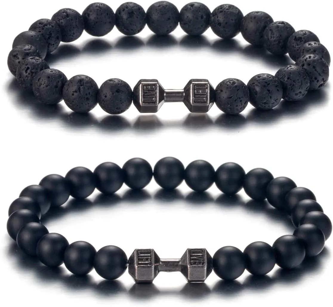 Softones Black Charm Dumbbell Bracelets for Men Women Natural Stone Dumbbell Beads Bracelets Set Gifts