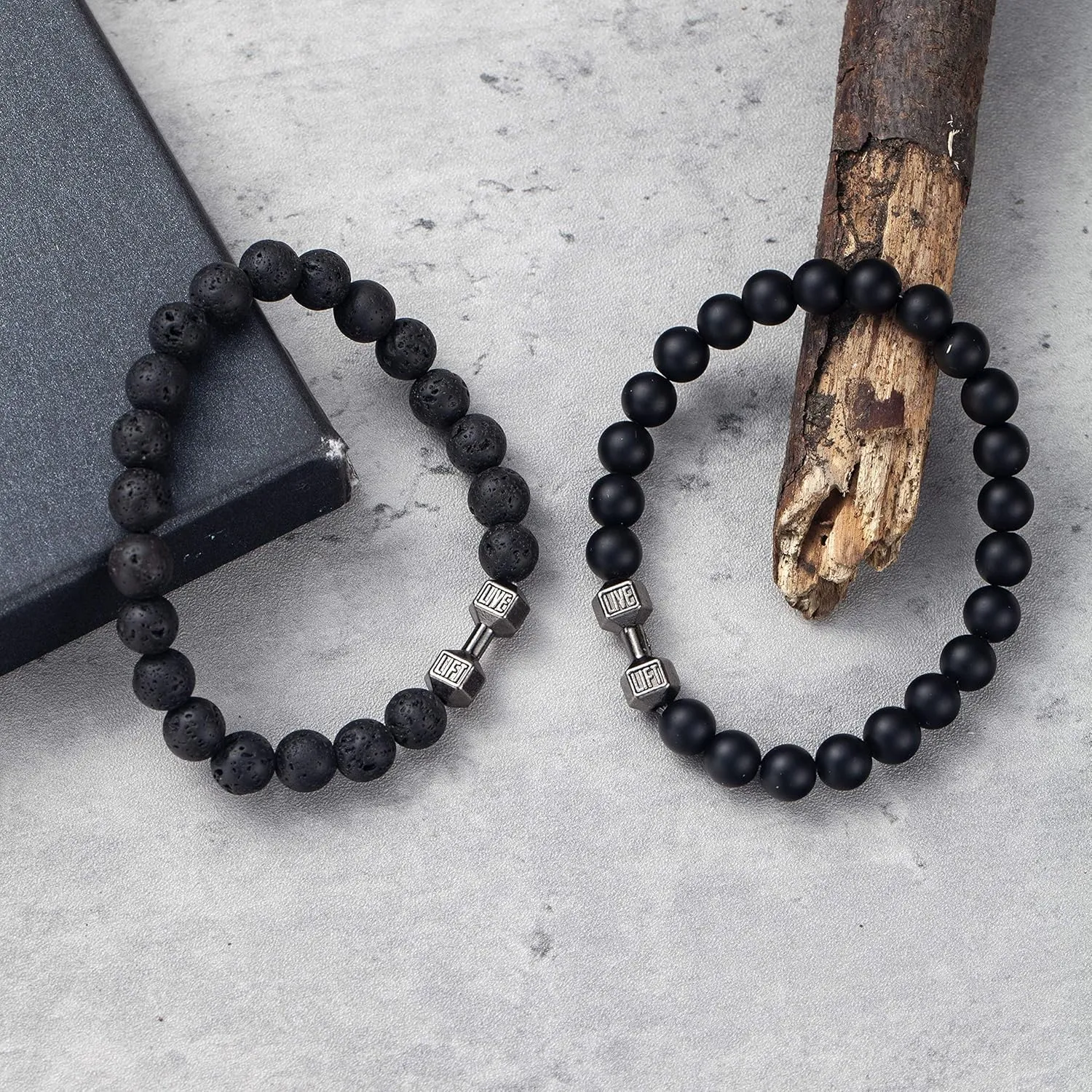 Softones Black Charm Dumbbell Bracelets for Men Women Natural Stone Dumbbell Beads Bracelets Set Gifts