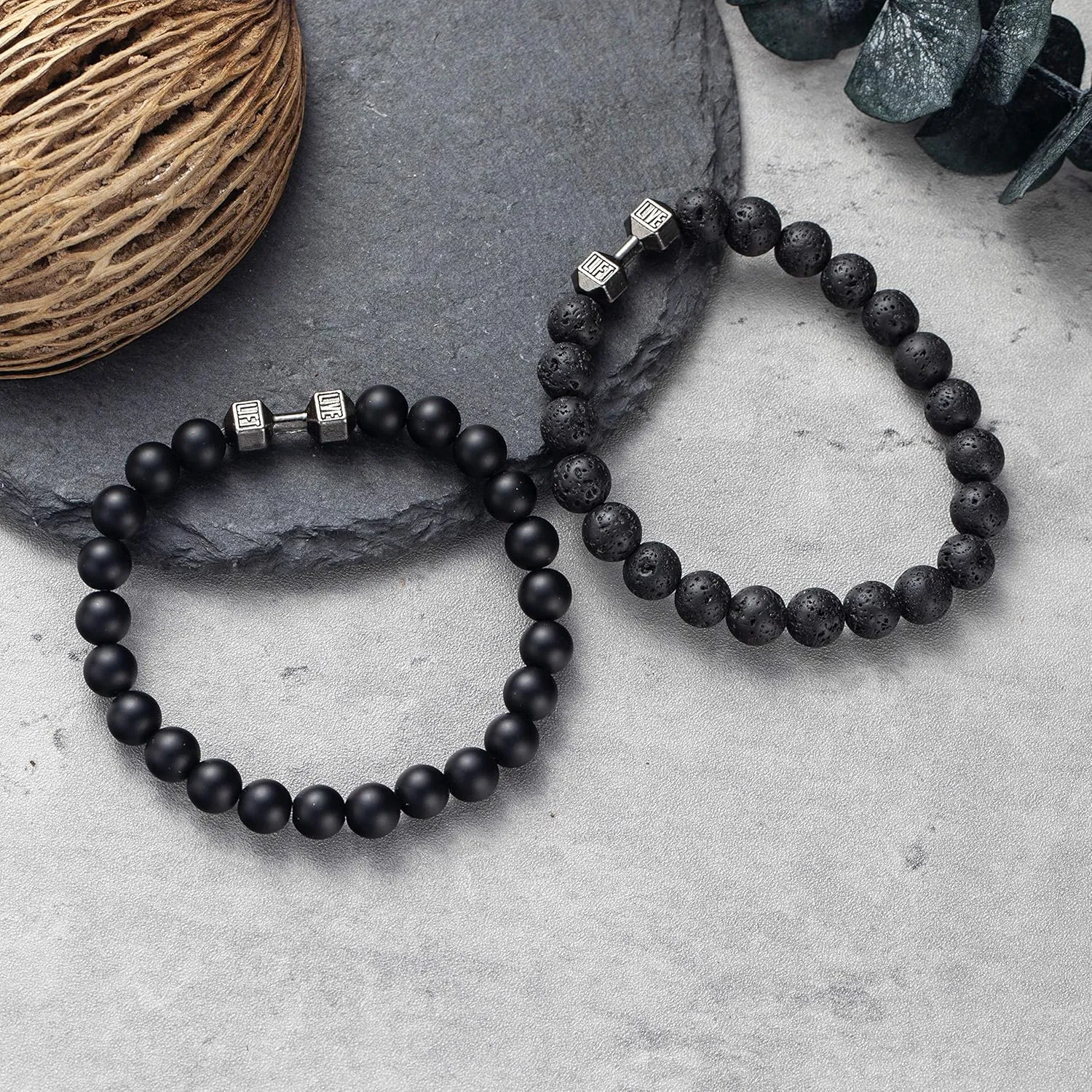 Softones Black Charm Dumbbell Bracelets for Men Women Natural Stone Dumbbell Beads Bracelets Set Gifts