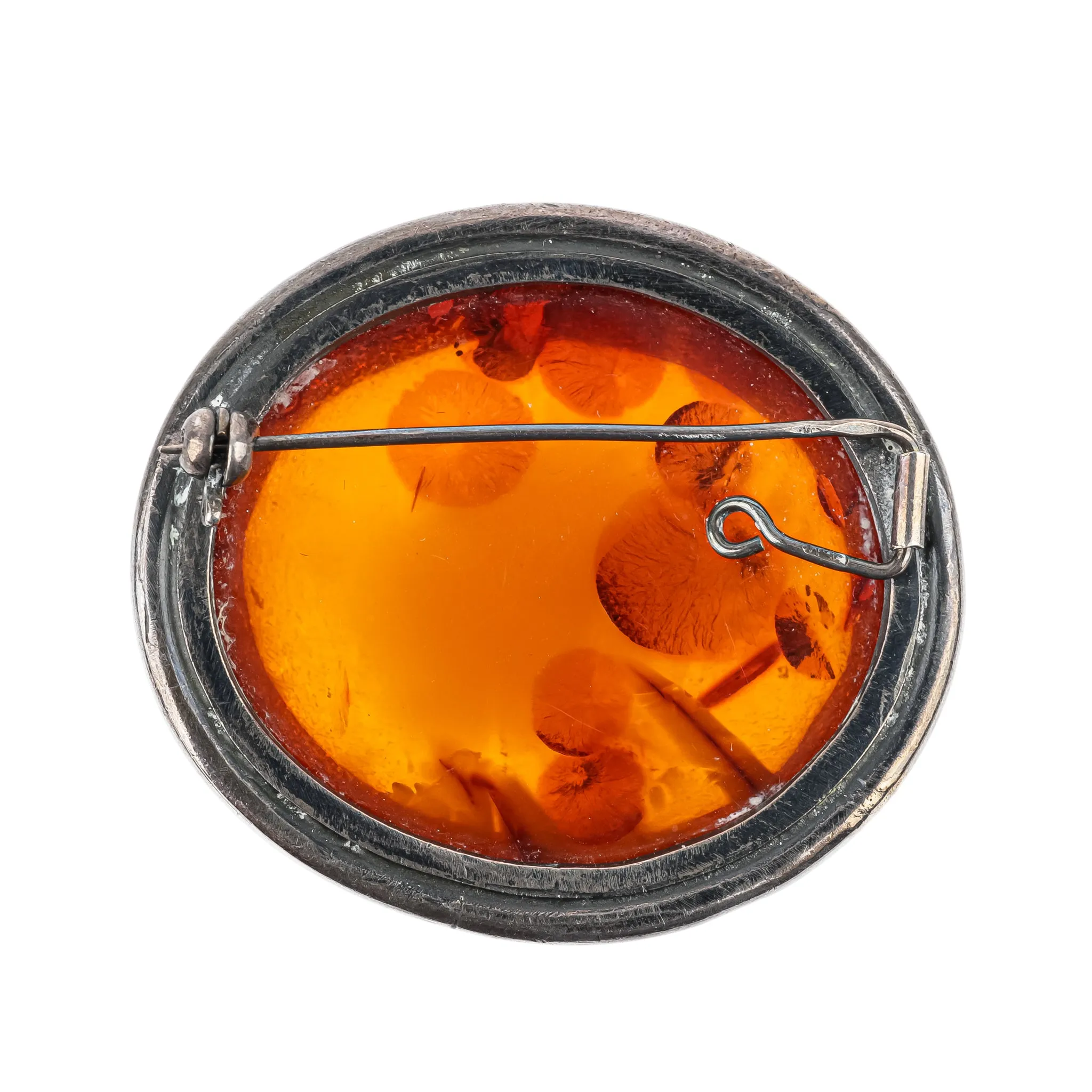 Sterling Large Oval Cabochon Amber Brooch