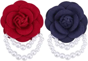 SUPERFINDINGS 2PCS Camellia Flower Brooch Pin with Pearl Chain for Women Floral Vintage Collar Brooch Clip Wedding Brooches