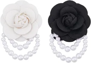 SUPERFINDINGS 2PCS Camellia Flower Brooch Pin with Pearl Chain for Women Floral Vintage Collar Brooch Clip Wedding Brooches