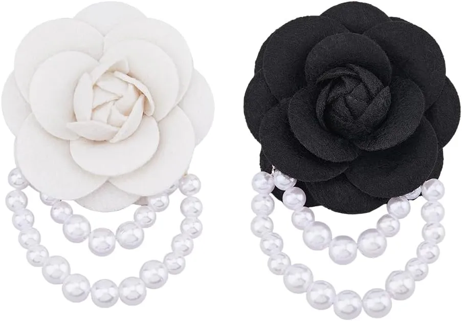 SUPERFINDINGS 2PCS Camellia Flower Brooch Pin with Pearl Chain for Women Floral Vintage Collar Brooch Clip Wedding Brooches