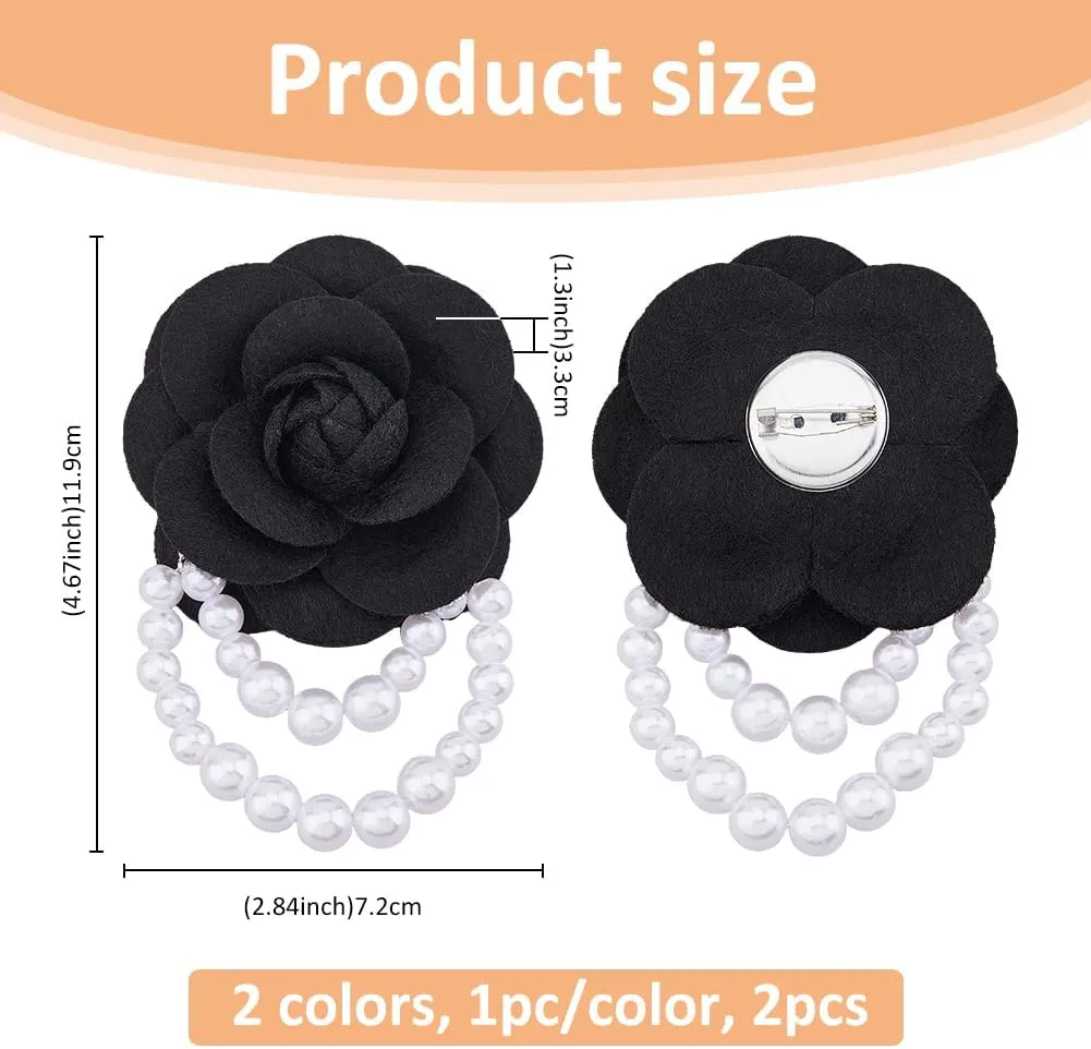 SUPERFINDINGS 2PCS Camellia Flower Brooch Pin with Pearl Chain for Women Floral Vintage Collar Brooch Clip Wedding Brooches