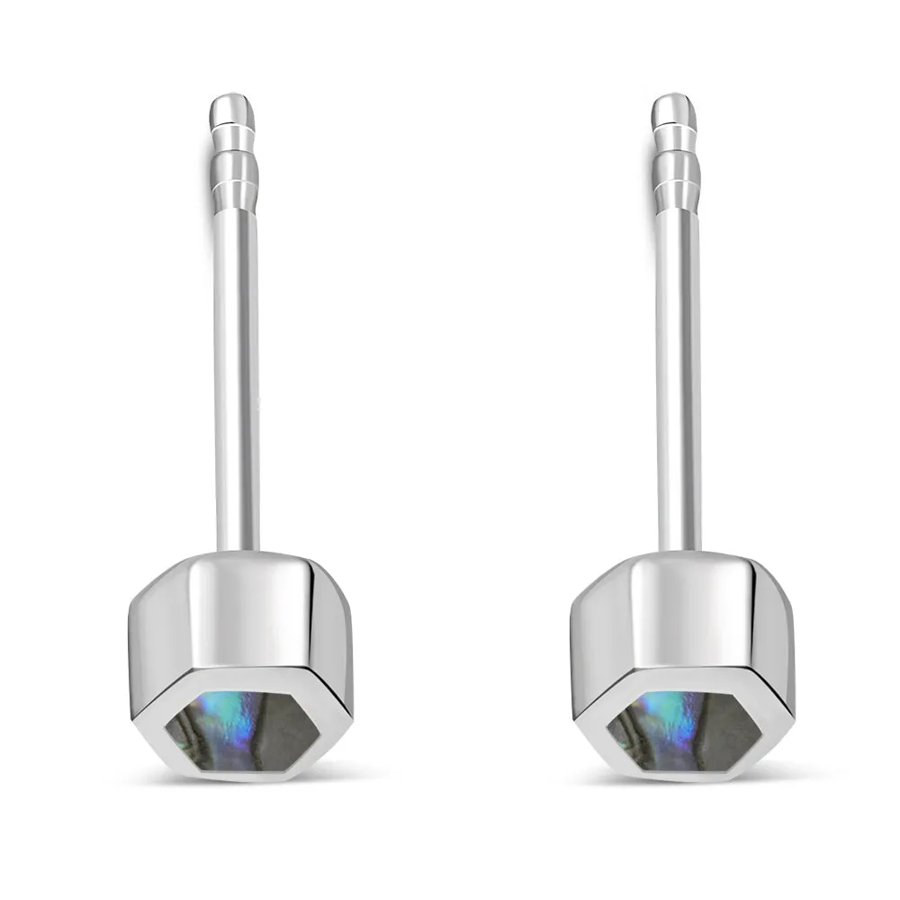 Tiny Abalone Shell Hexagon Silver Stud Earrings