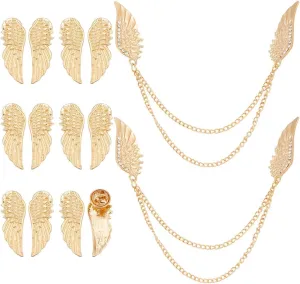 WEBEEDY 14 Pcs Golden Brooches for Men Women, 2 Styles Angel Wings Brooch Pins Alloy Rhinestone Chain Brooches Lapel Pins Decorative Pin for Clothing Suit Accessories Anniversary Business Gift