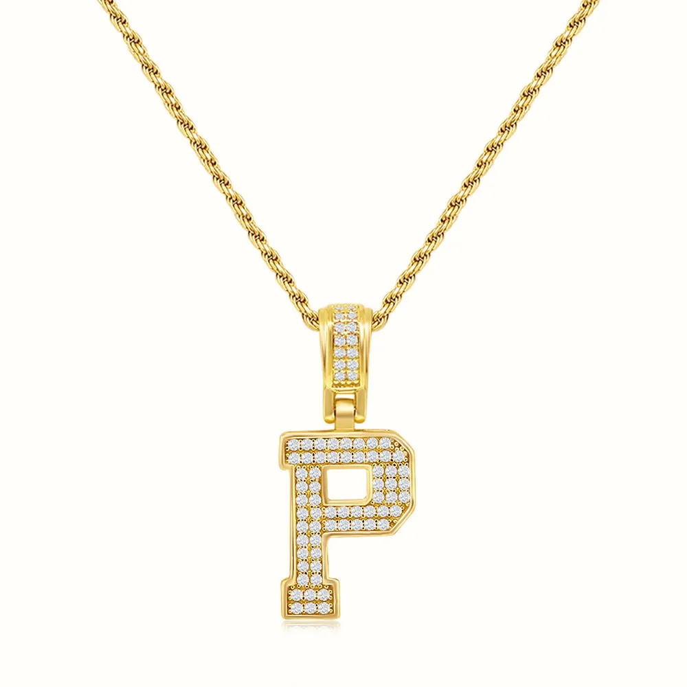 Women's Vermeil Diamond Initial Capital Letter Necklace Pendant Rope Chain