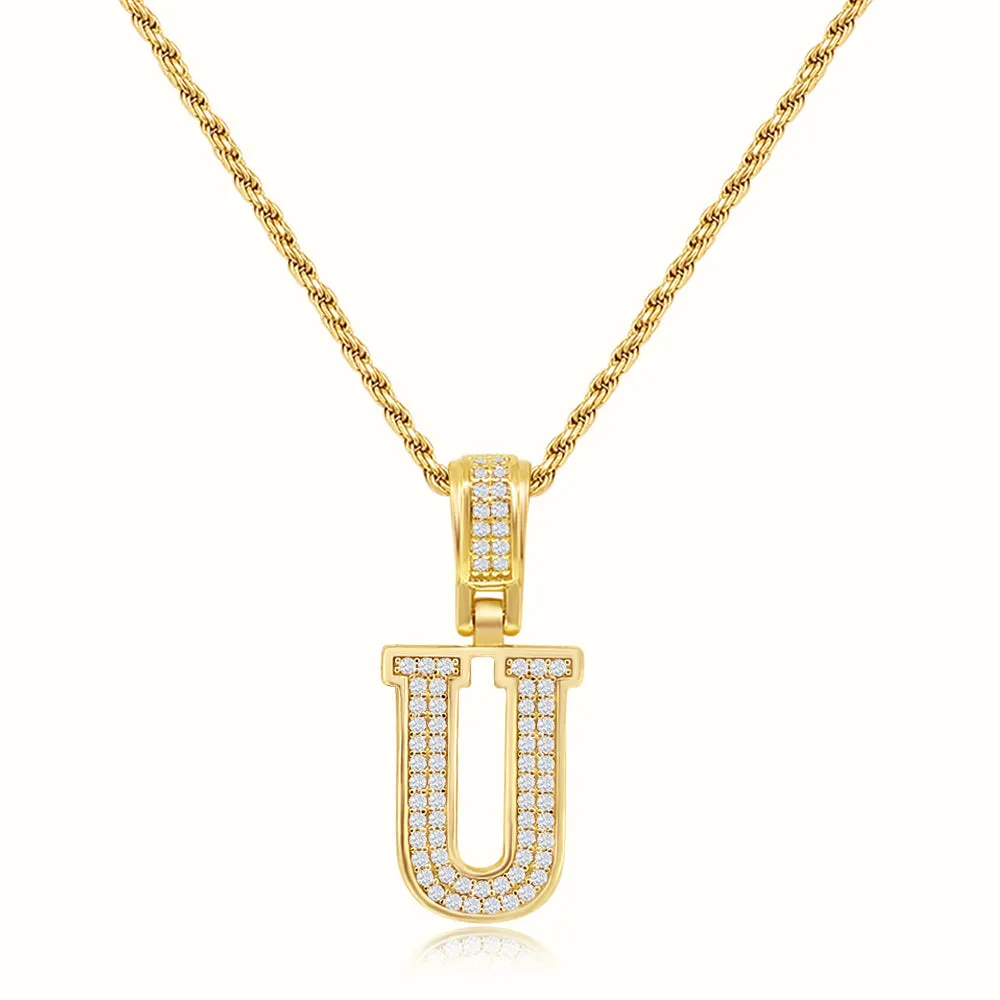 Women's Vermeil Diamond Initial Capital Letter Necklace Pendant Rope Chain